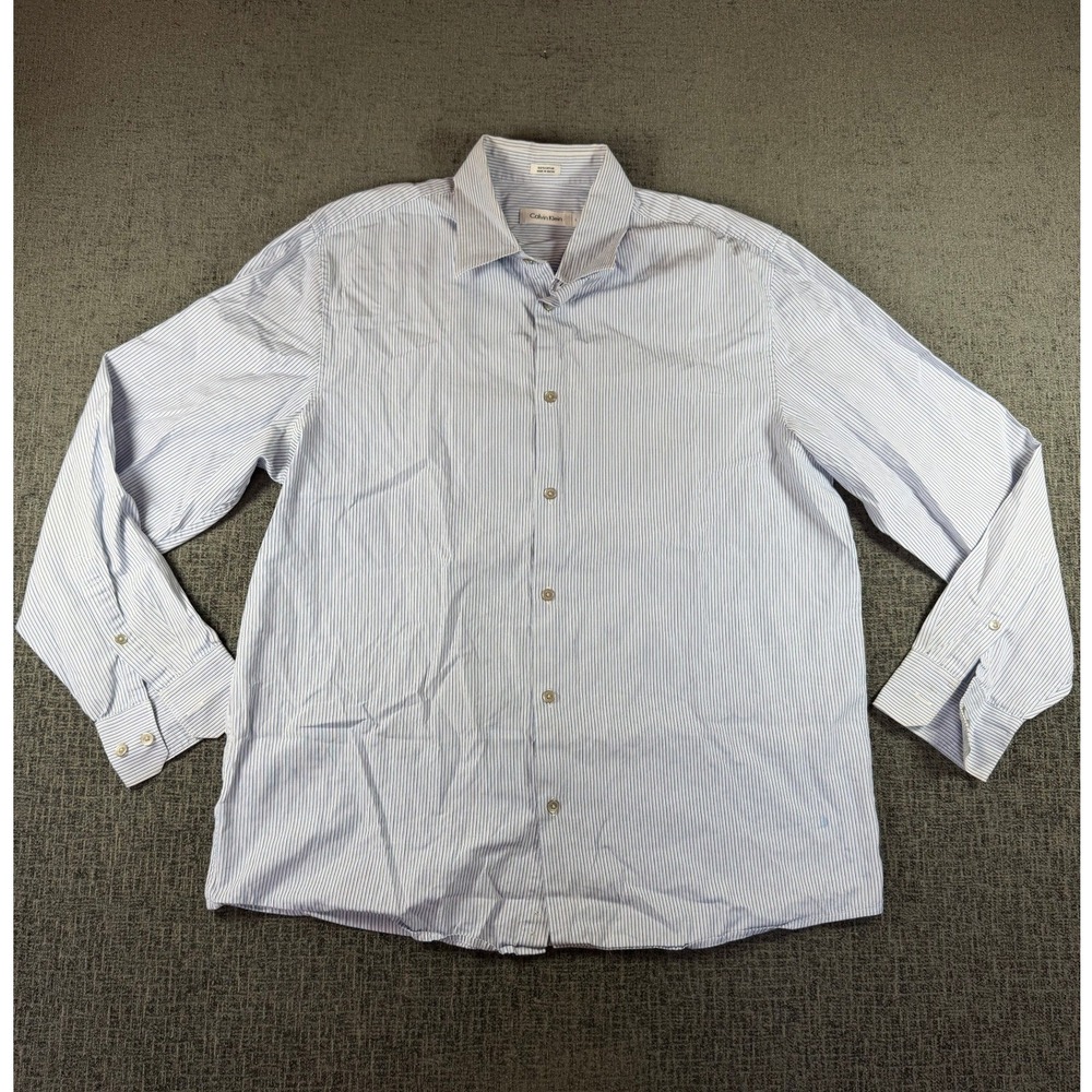 Calvin Klein Mens Large Blue White Pinstripe Cotton Button Down Dress Shirt